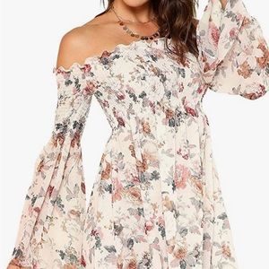 Romantic Floral Bell Sleeve Smocked Off the Shoulder Dress Sz XL